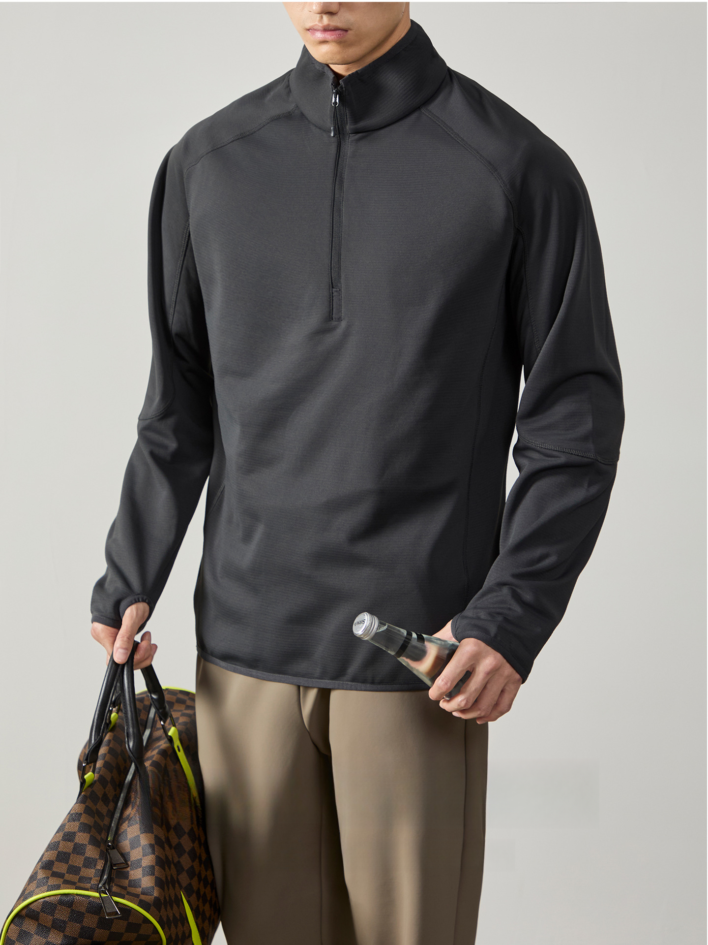 高級感 暖絨磨毛內裏半拉鍊T恤男士商務立領通勤保暖落肩長袖上衣