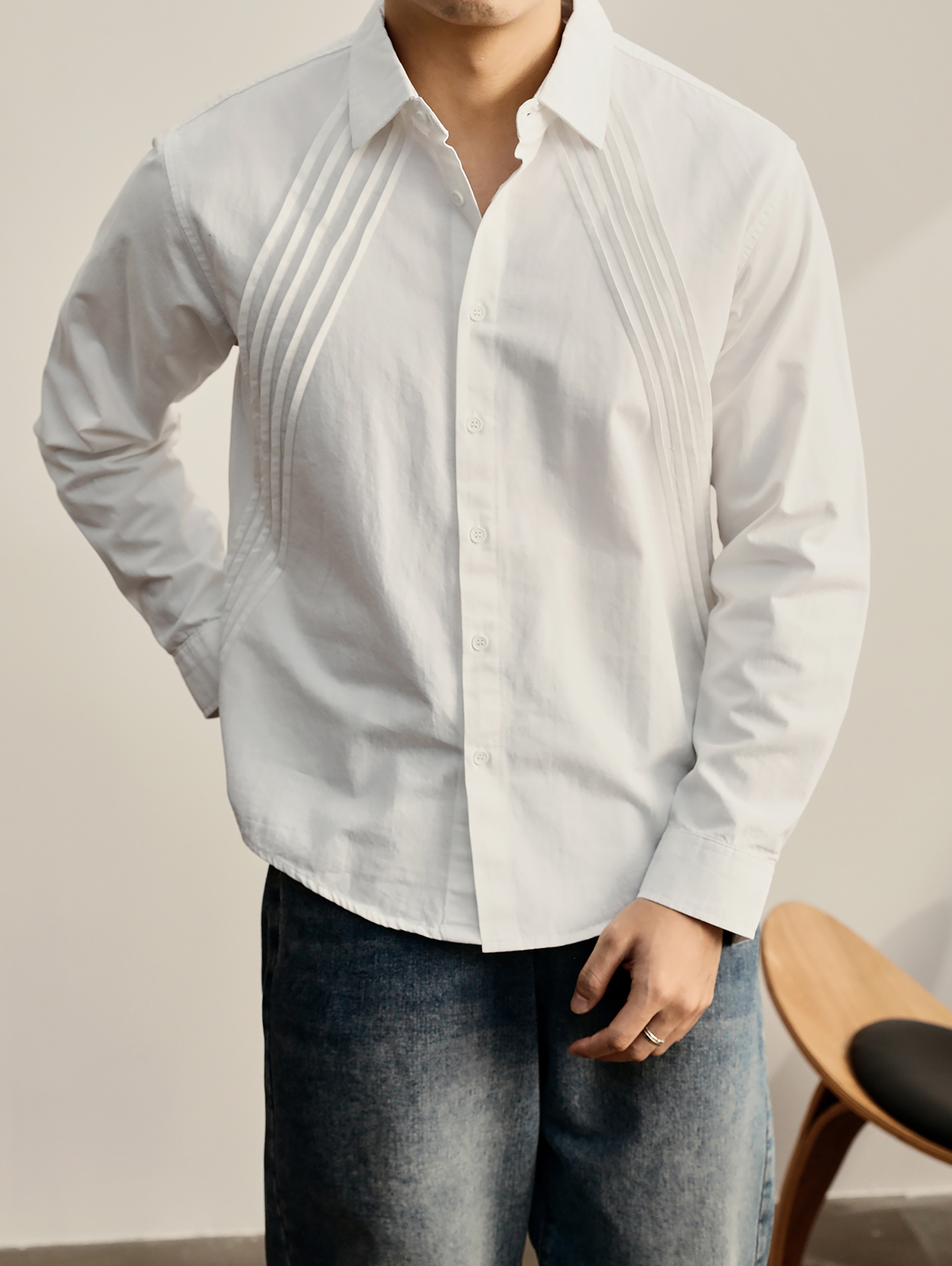 純色個性壓褶長袖襯衫100%純棉水洗挺括外穿百搭慵懶風襯衣