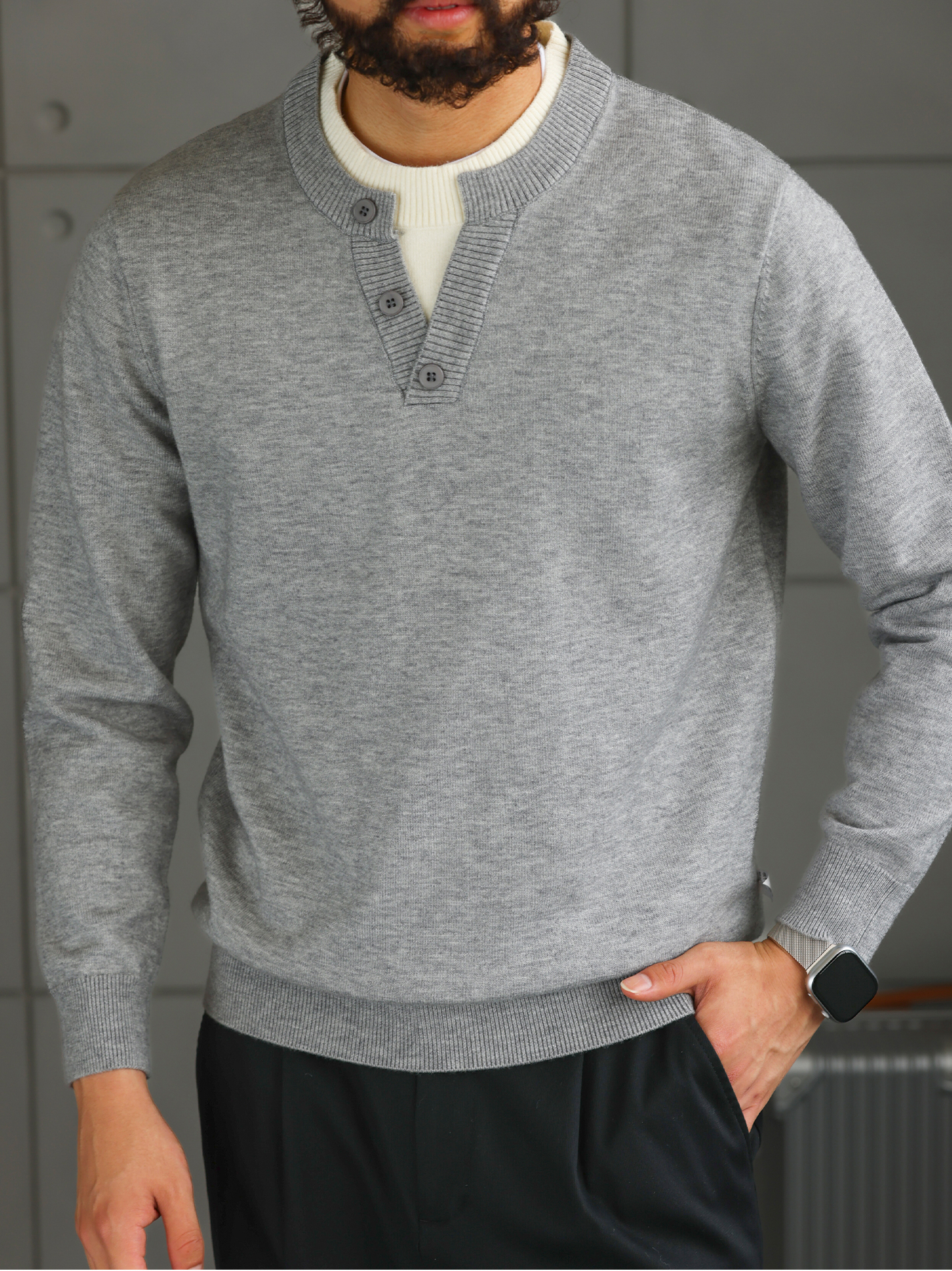 【紳士型格】羊毛混紡假兩件圓領毛衣男易打理針織打底衫