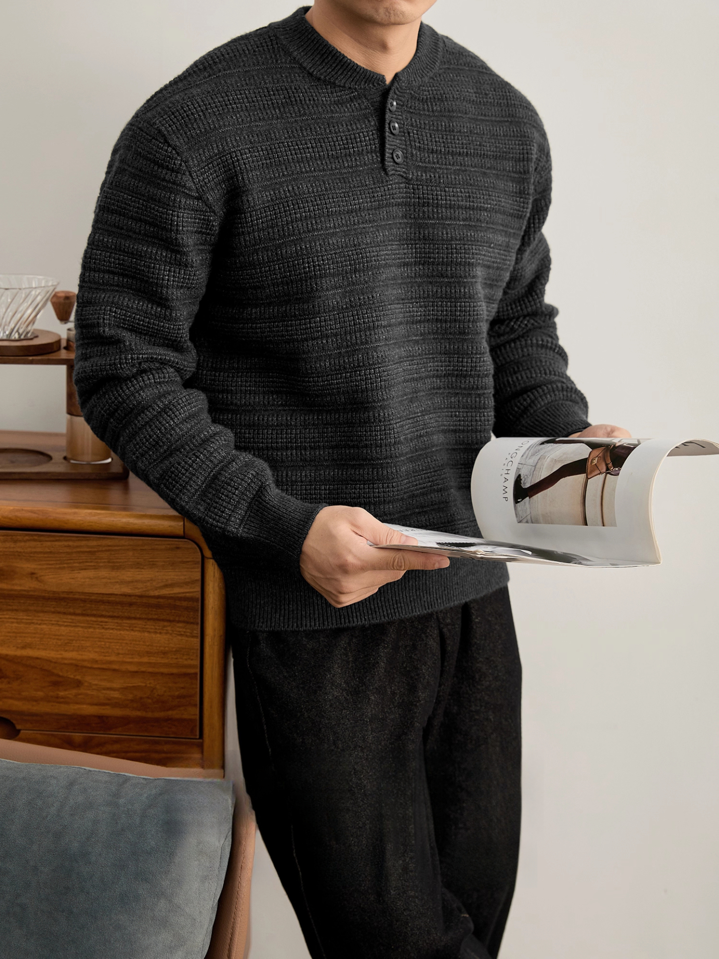 高克重男士肌理提花亨利領針織衫冬季加厚保暖純色毛衣