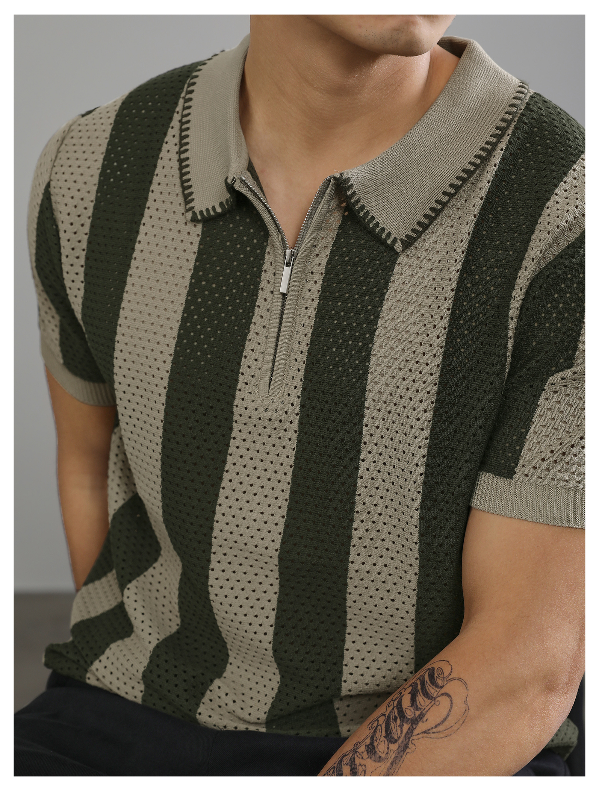 半拉鍊翻領polo衫短袖男士復古鏤空針織衫高級感潮牌保羅衫