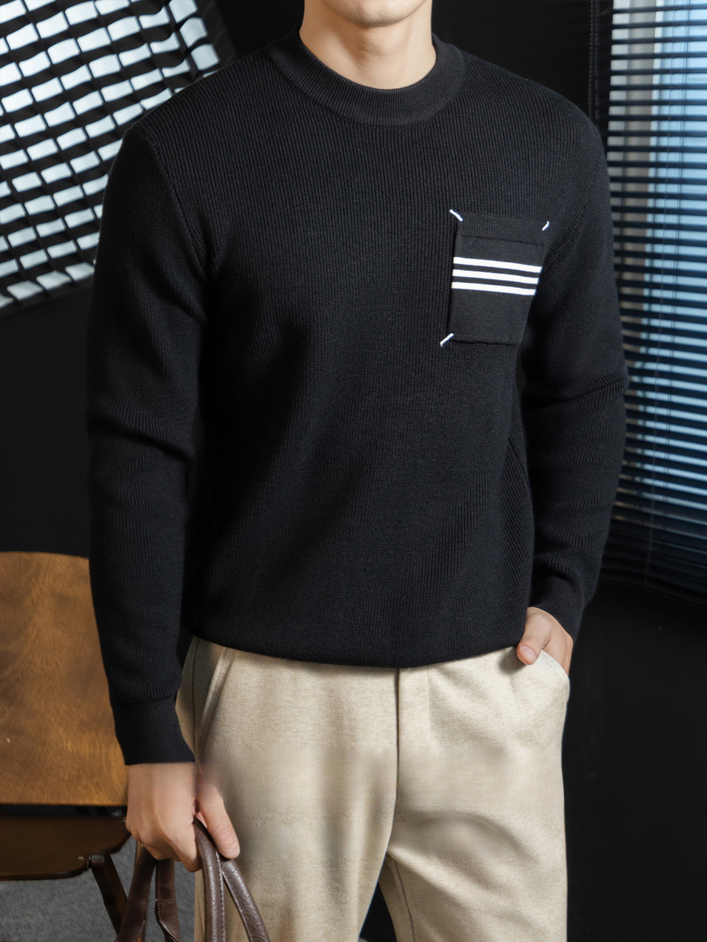 優雅氣質加厚圓領針織衫男士彈力抗起球保暖條紋口袋毛衣2026秋冬