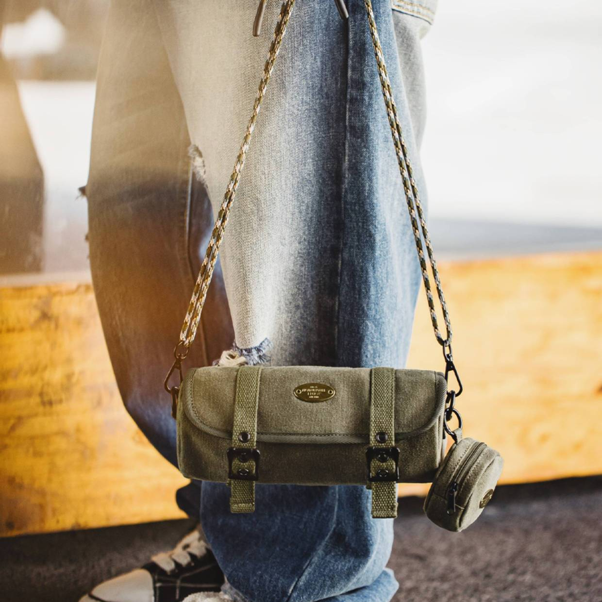 美式復古帆布圓筒包隨身包通勤小包斜跨包包子母零錢包男