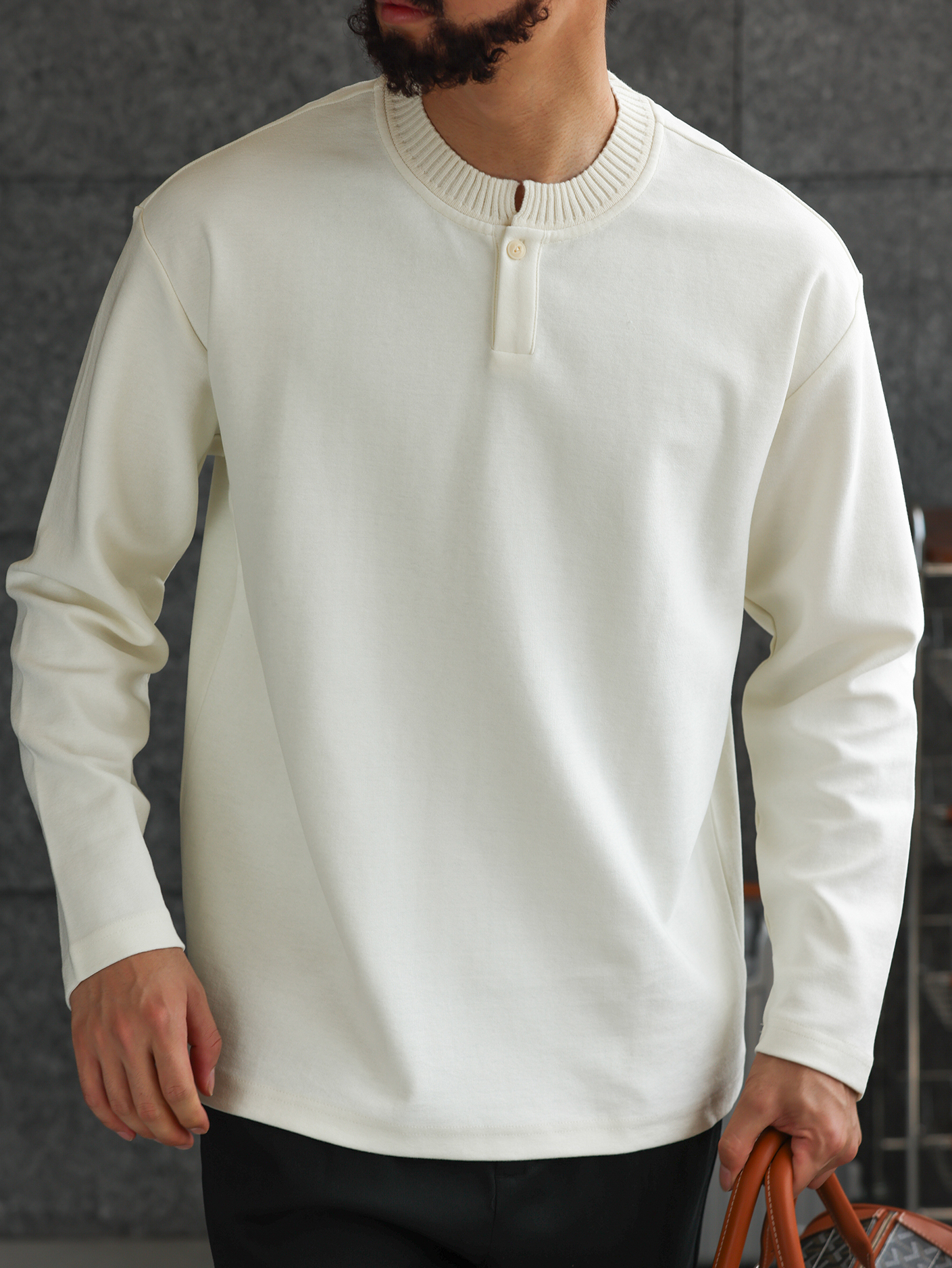 【紳士型格】針織亨利領緞紋肌理長袖T恤男士休閒打底衫