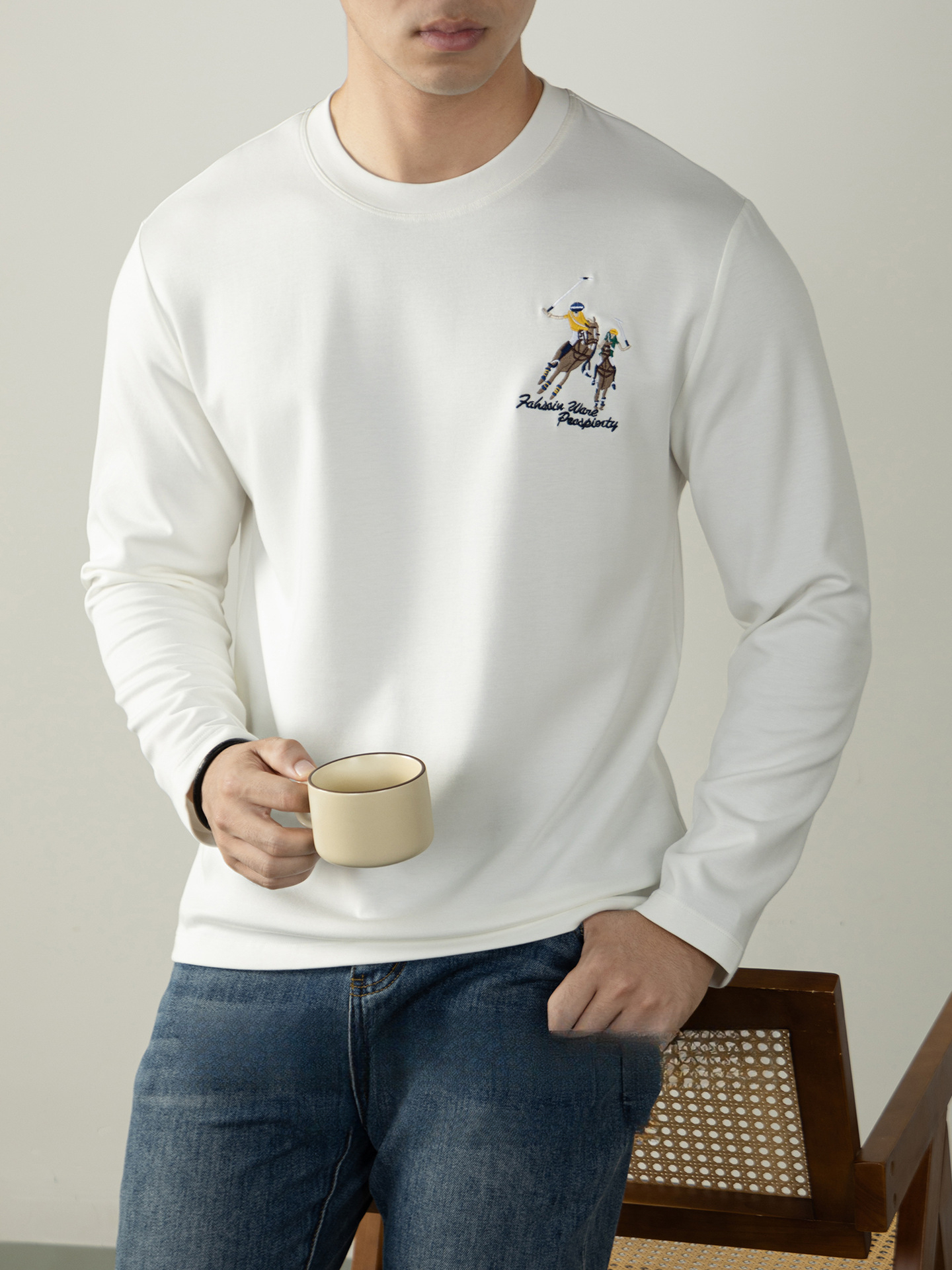 【古典馬球運動刺繡】高級感60S絲光親膚莫代爾棉圓領T桖長袖秋季