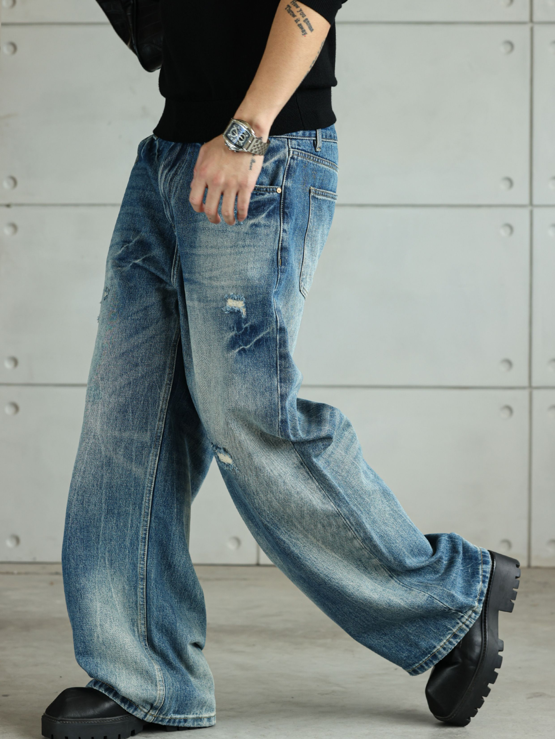 【丹寧破洞】美式復古水洗牛仔褲男直筒寬鬆通勤休閒長褲