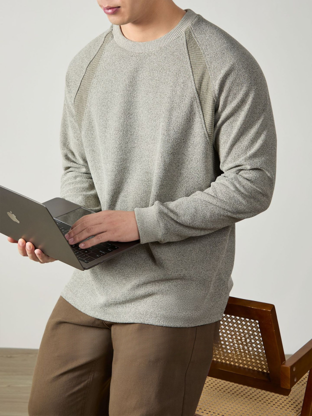 350G重磅插肩袖雪花彩棉T恤男高端撞色拼接長袖舒適圓領商務通勤