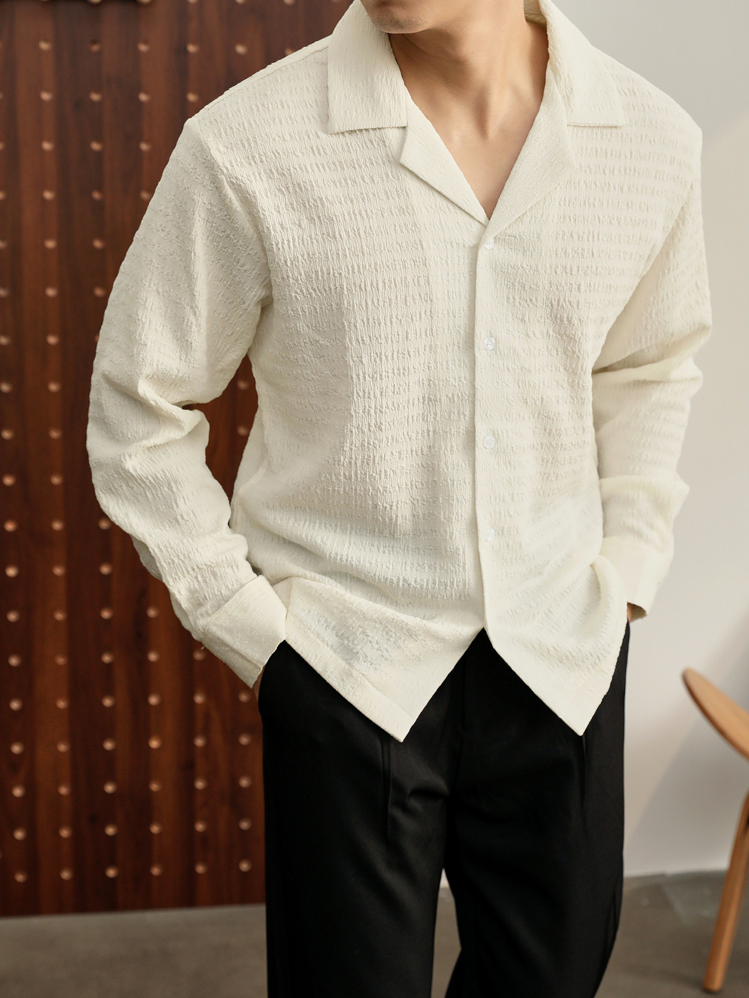 儒雅老錢風提花皺感古巴領長袖襯衫男泡泡紗肌理感襯衣