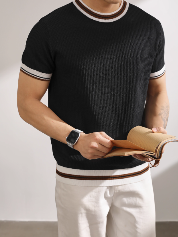 輕熟風氣質韓版短袖針織衫復古撞色條品質冰爽絲潮男T恤上衣
