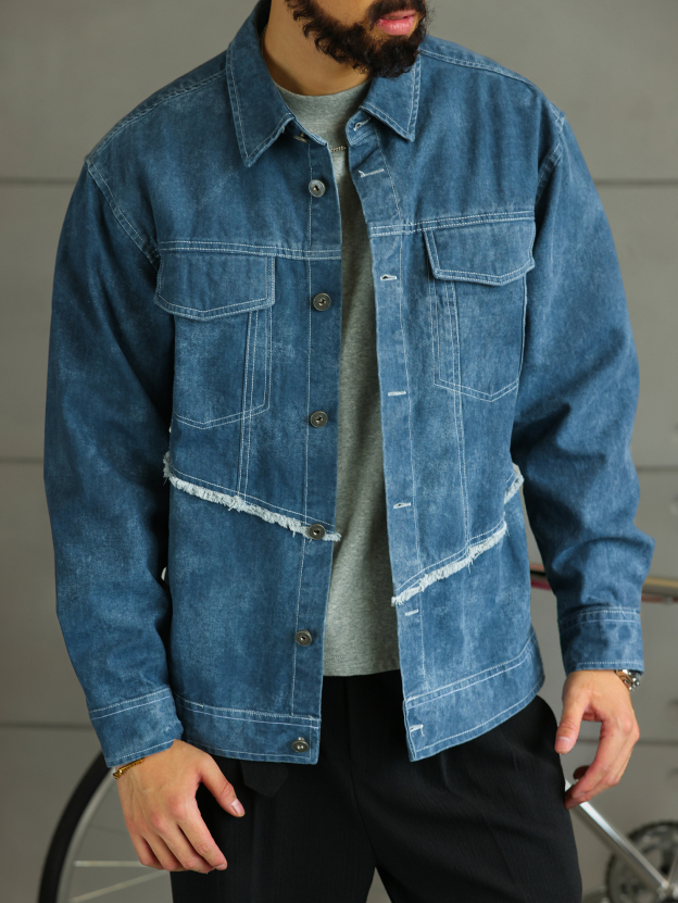 【大阪街頭】破邊拼接酵素水洗棉牛仔夾克男工裝外套上衣