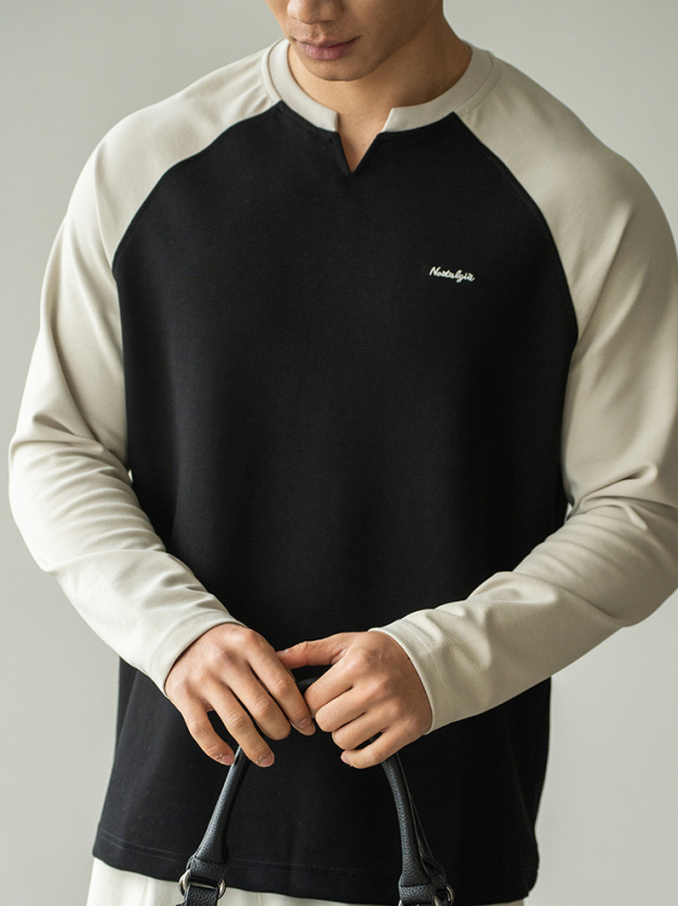 美式運動小V領撞色落肩袖寬鬆衛衣男士春季打底健身長袖T恤