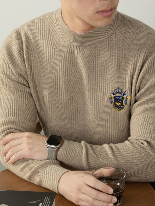 【羊毛來賽爾】高端毛衣男士徽章刺繡提花厚款保暖針織衫秋冬商務