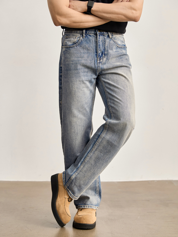 竹節藍貓須復古直筒牛仔褲男美式潮流水洗做舊休閒長褲春夏