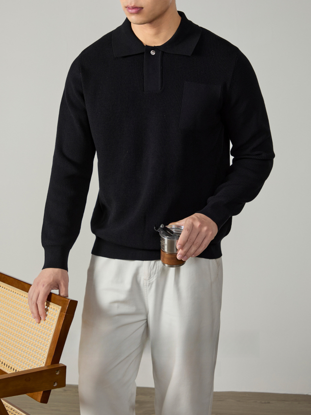 暗釦設計款暖奢豎紋針織衫冬季可機洗翻領毛衣男款保暖商務百搭