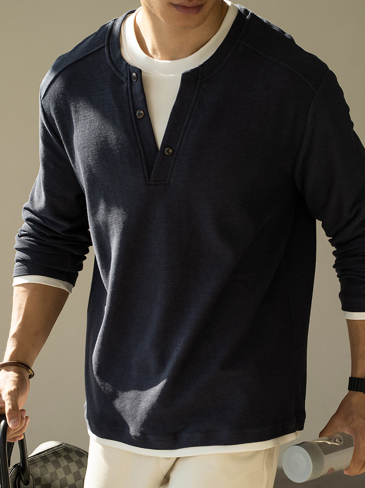 老錢風撞色V領手縫扣假兩件針織衫男2025年秋親膚休閒新款長袖T恤