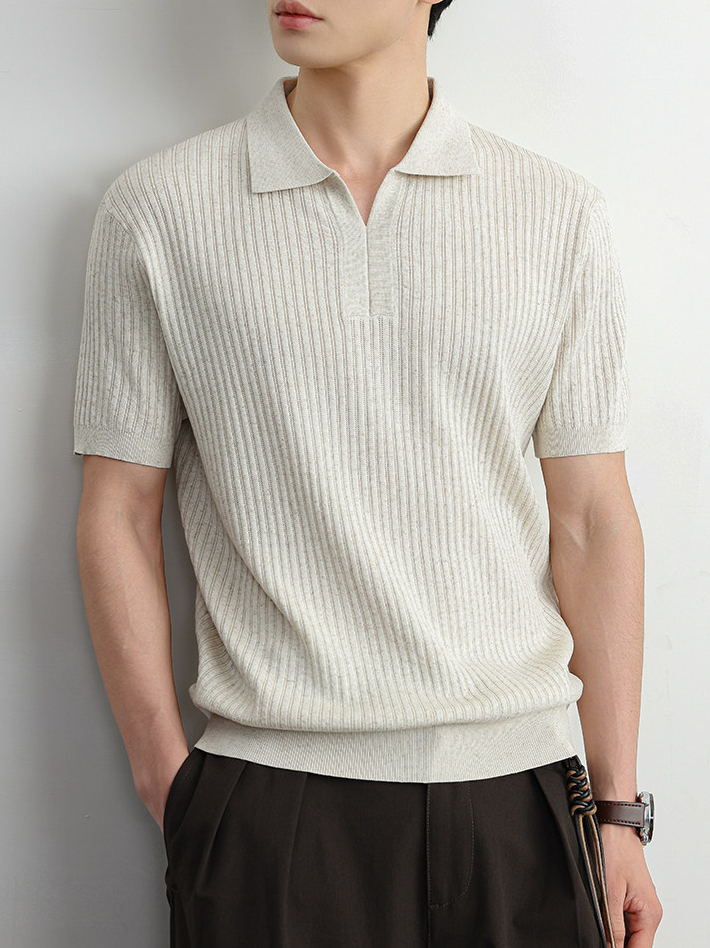 【可機洗亞麻】高端坑條紋理亞麻混紡老錢翻領POLO衫針織短袖T恤