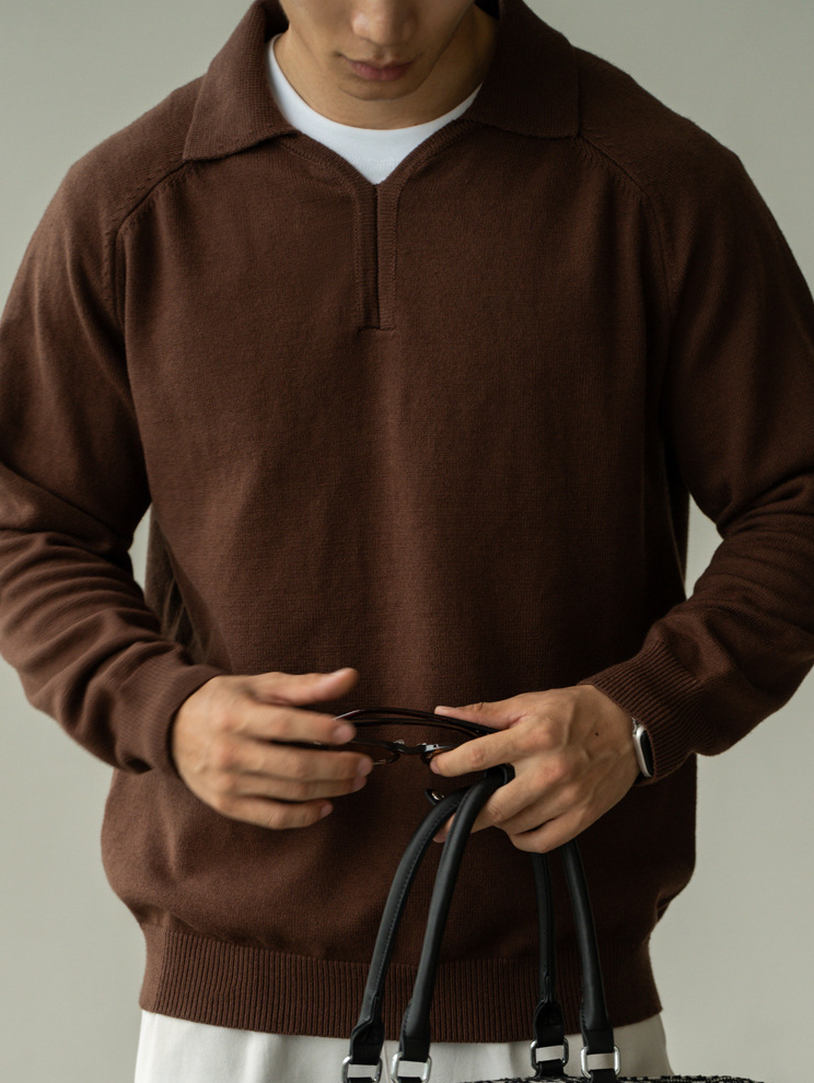 老錢風輕商務7針細膩紋理小V翻領半開襟毛衣男2025秋冬新款POLO衫