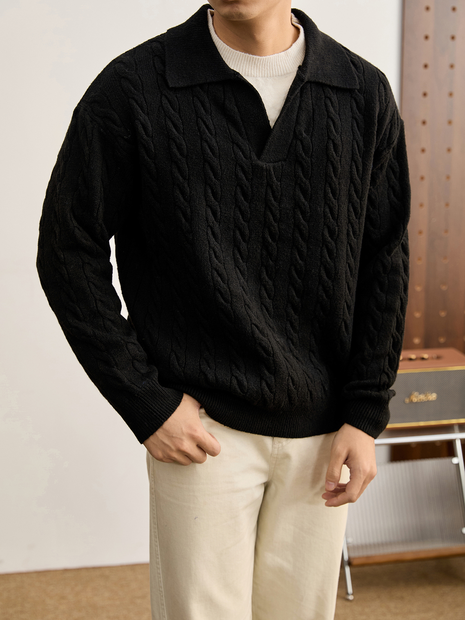 慵懶假兩件麻花肌理時尚設計感毛衣男冬季海鷗領翻領針織衫