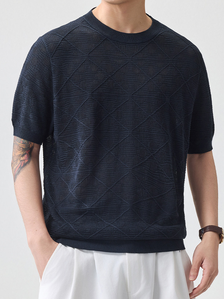 男士薄款春夏新款針織老錢風男短袖網格透氣超薄日系復古亞麻T恤