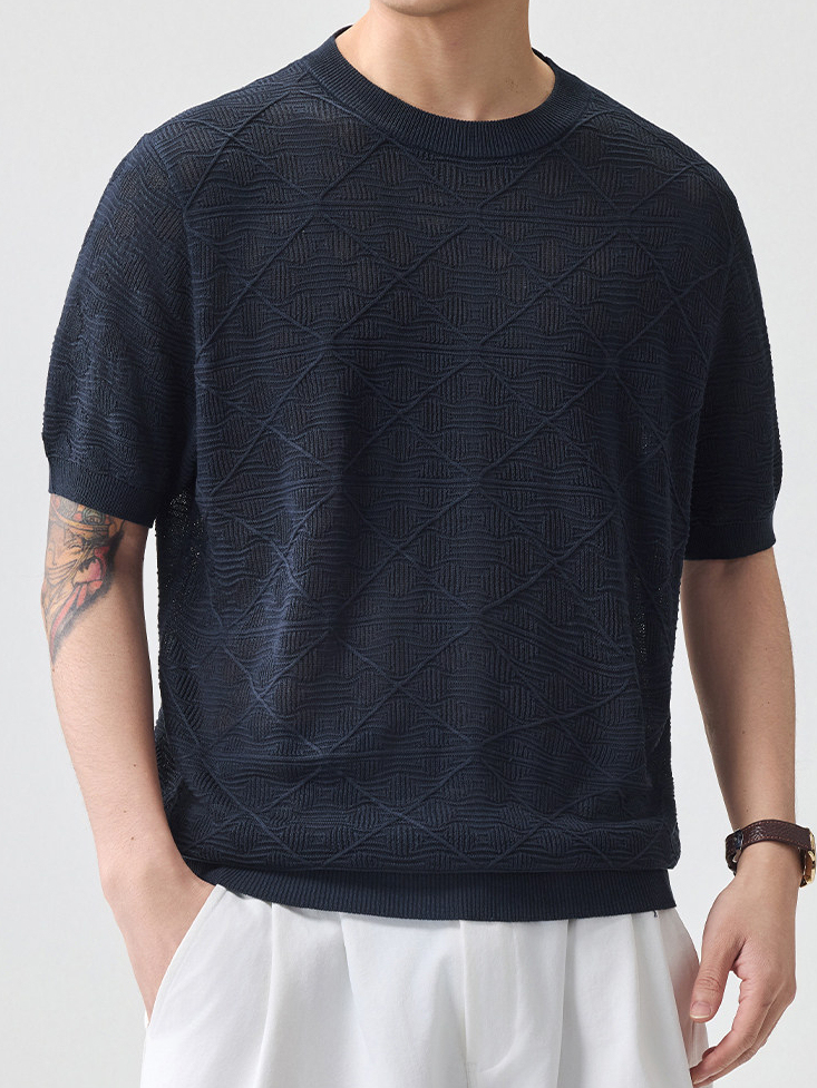 男士薄款春夏新款針織老錢風男短袖網格透氣超薄日系復古亞麻T恤