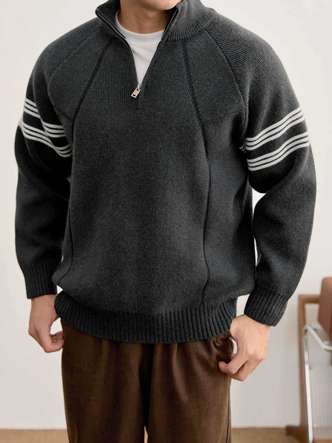 重磅830克半拉鍊立領長袖毛衣男冬裝紗線紋理休閒保暖針織衫