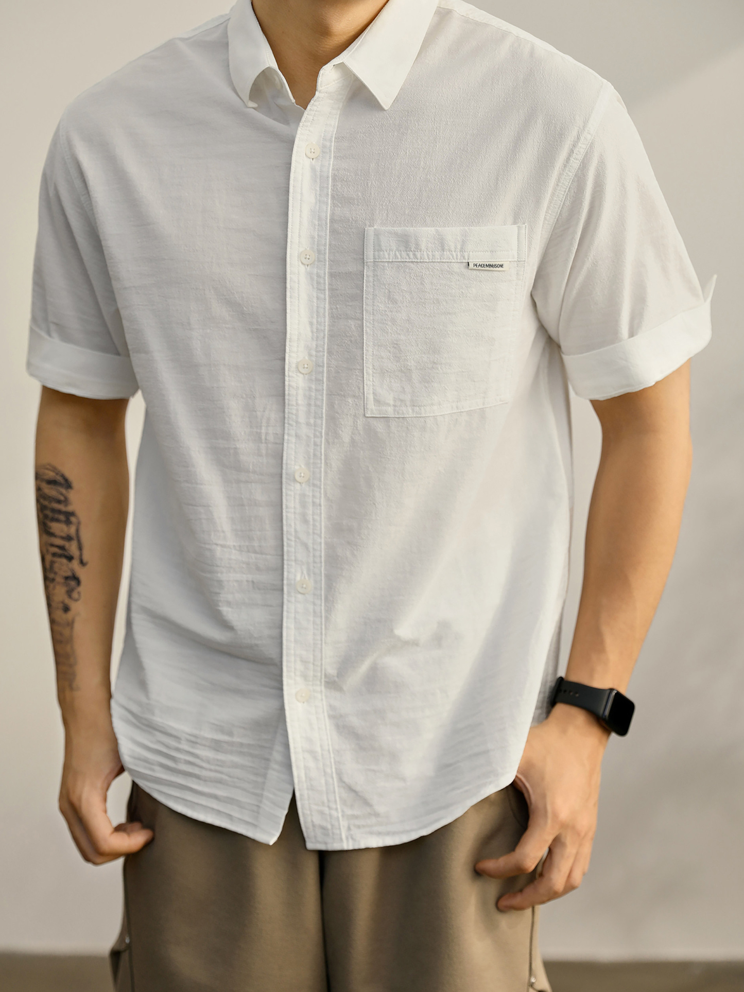 潮流時尚翻領短袖襯衣男士高級感輕奢壓皺薄款紗感單穿襯衫