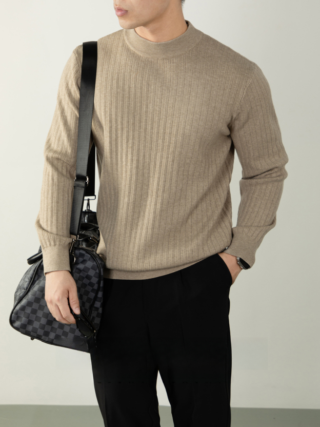 【綿羊毛•莫代爾】保暖豎紋針織衫半高領男士加厚抗球毛衣