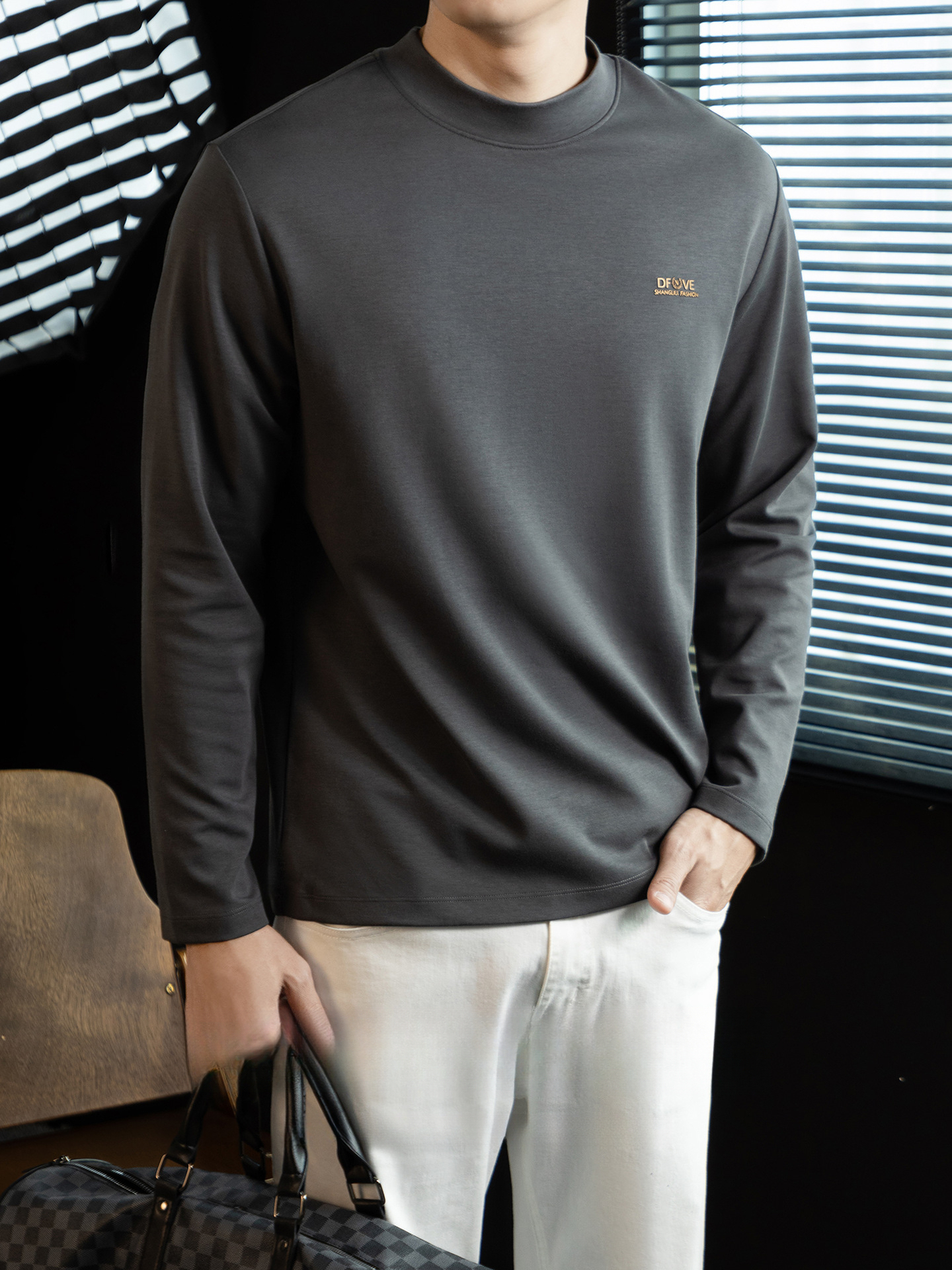 高定雲柔莫代爾棉T恤男士半高領秋冬輕熟商務打底衫垂感印花上衣