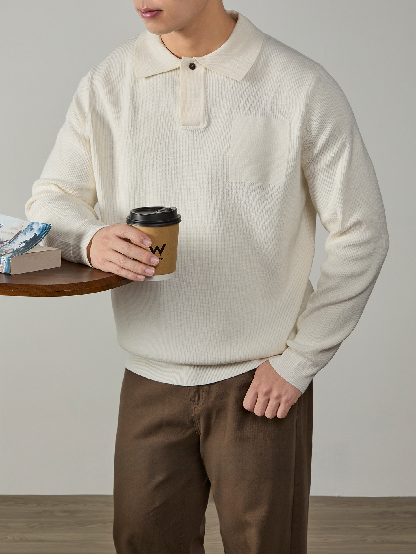 暗釦設計款暖奢豎紋針織衫冬季可機洗翻領毛衣男款保暖商務百搭