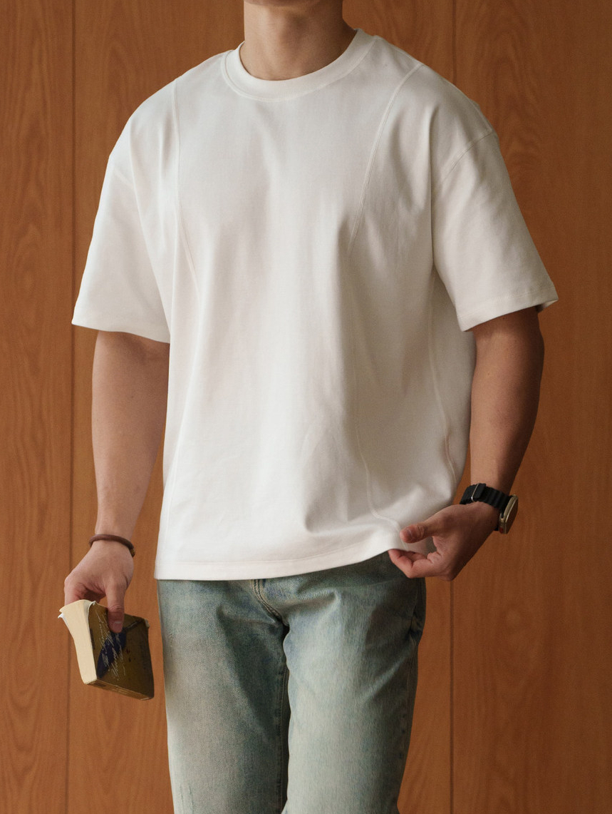 雲感棉滌混紡透氣落肩袖白色T恤男士2026年春季休閒通勤短袖上衣