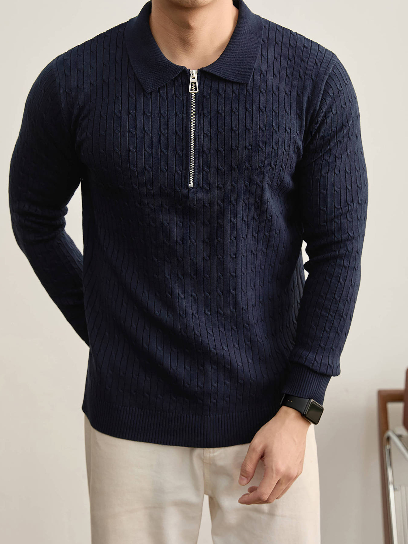 老錢風編織提花紋理長袖毛衣男秋冬修身半拉鍊POLO領針織衫