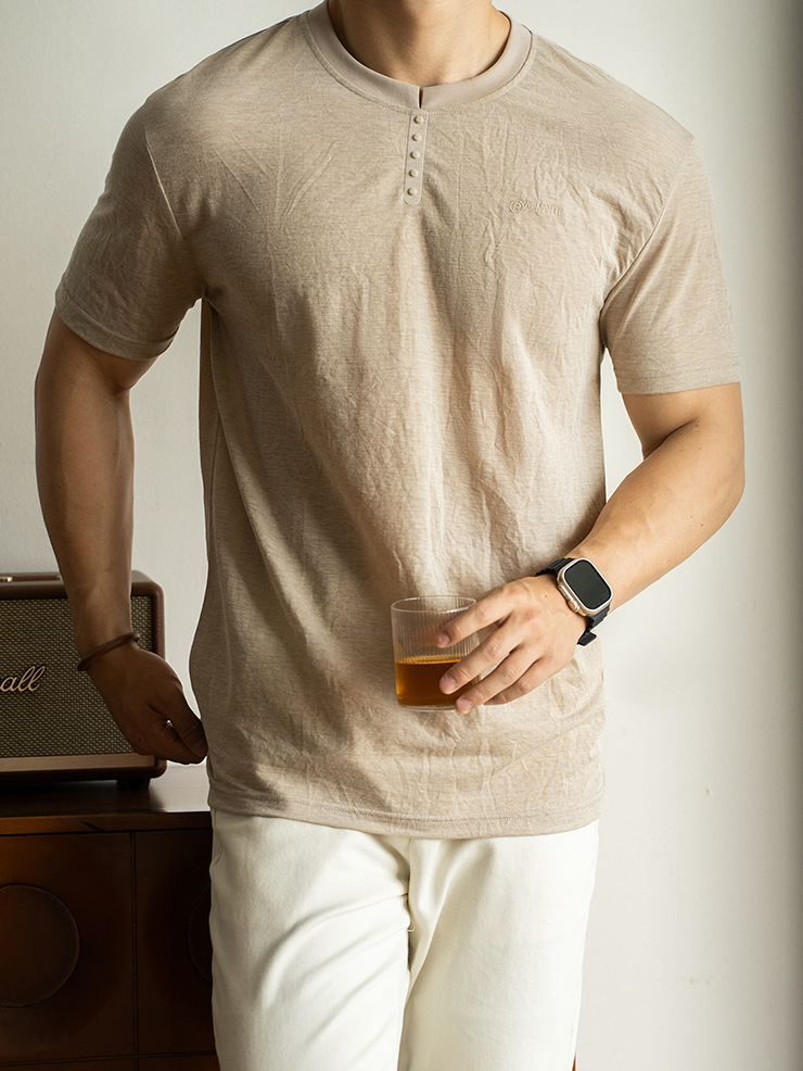 仿亞麻冰絲涼感薄款亨利領短袖T恤男2025夏透氣垂感休閒新款上衣
