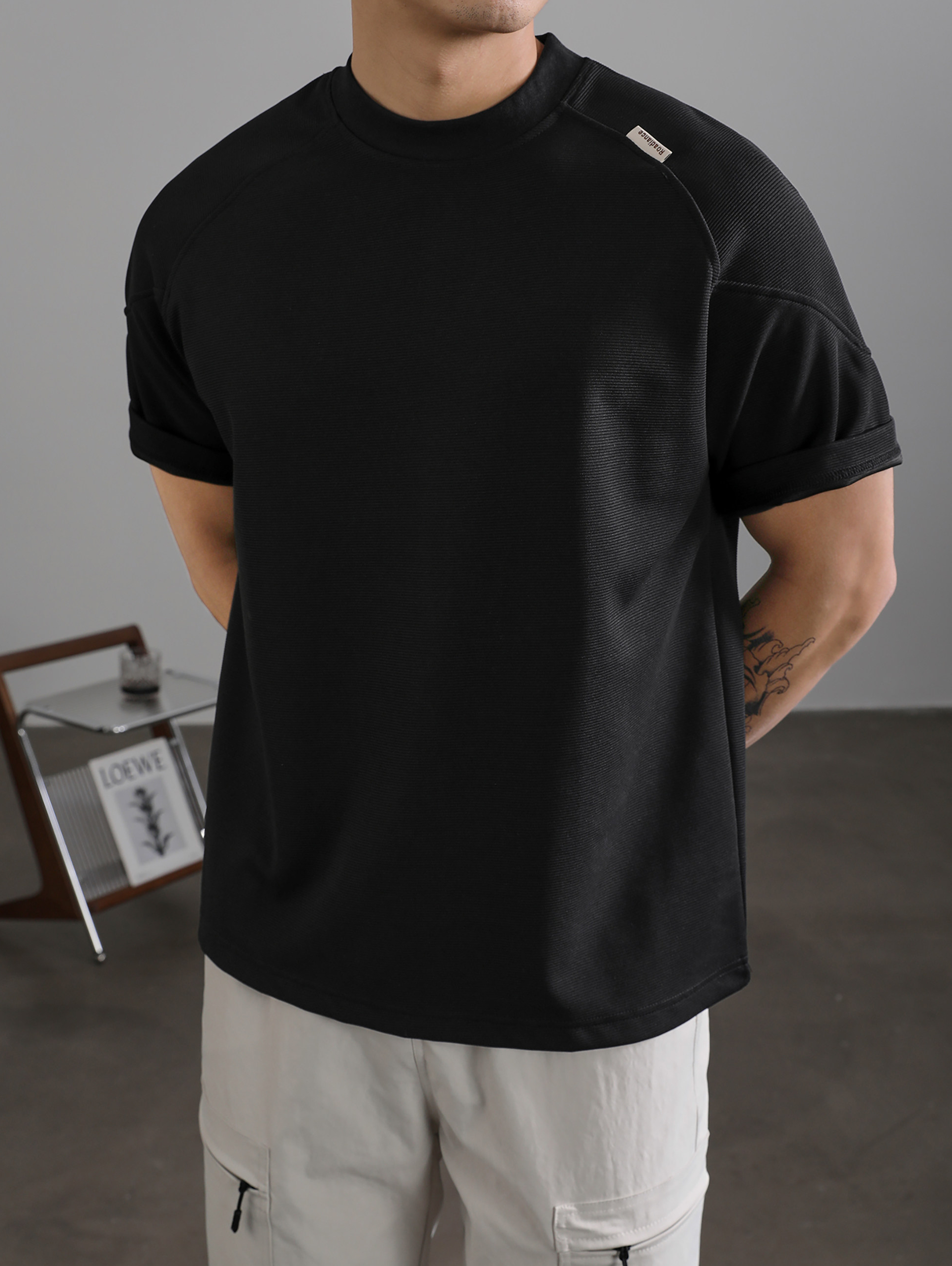 國潮簡質百搭短袖男夏季插肩袖坑條肌理T恤衫休閒圓領上衣