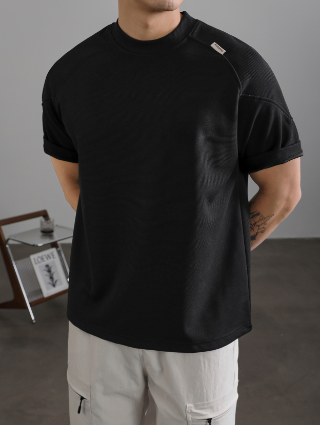 國潮簡質百搭短袖男夏季插肩袖坑條肌理T恤衫休閒圓領上衣