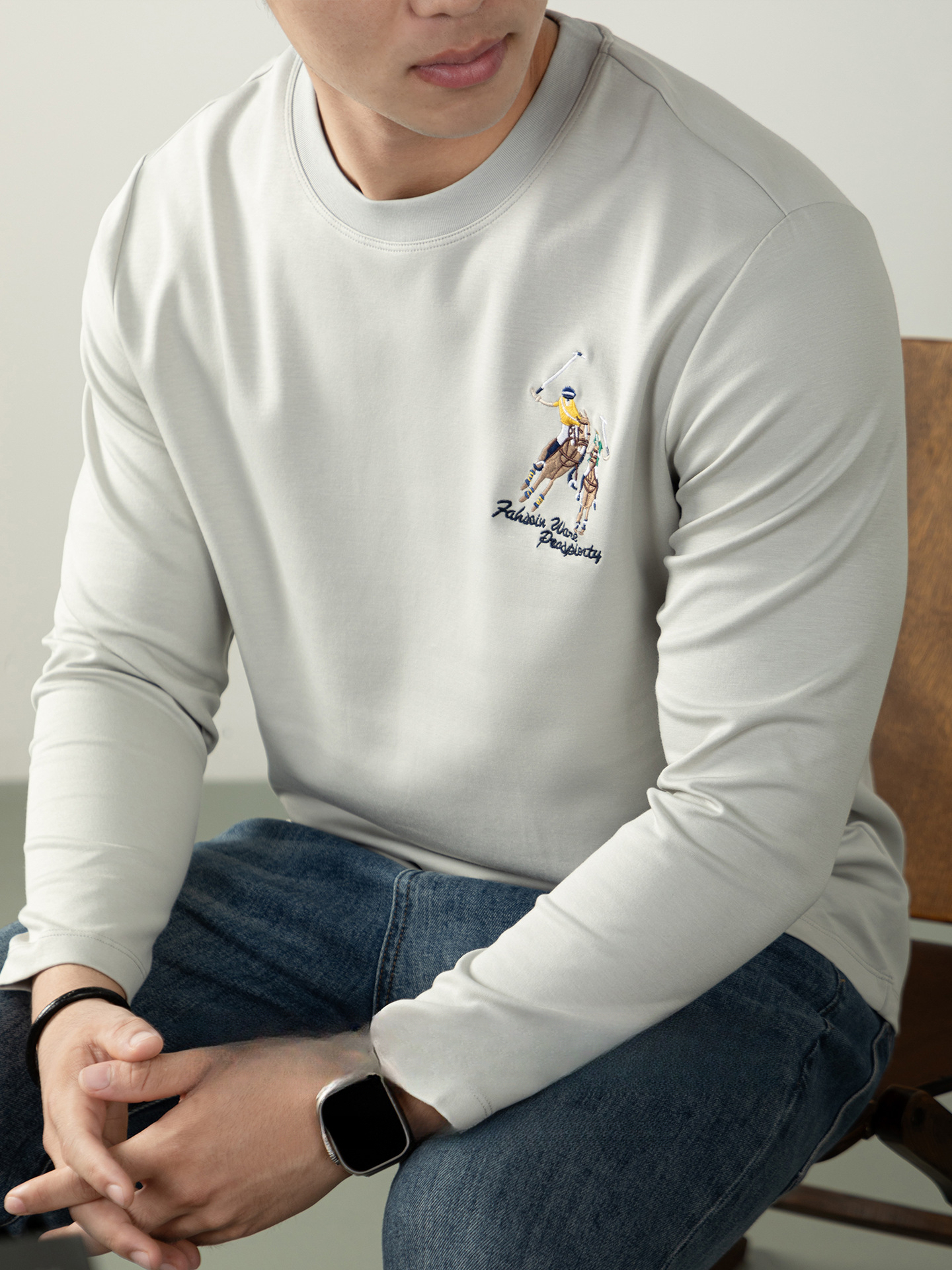 【古典馬球運動刺繡】高級感60S絲光親膚莫代爾棉圓領T桖長袖秋季