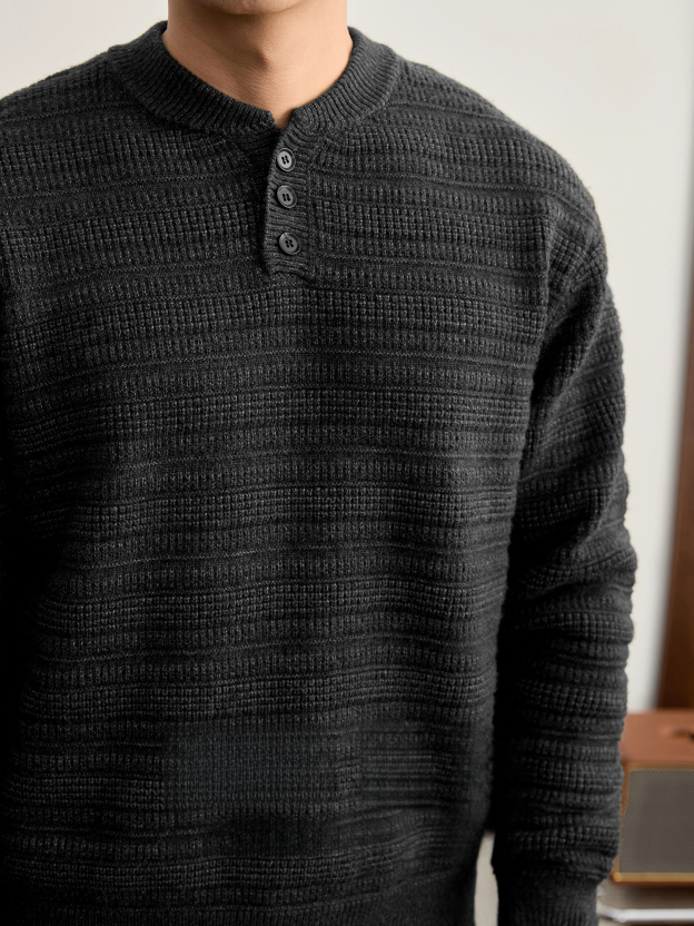 高克重男士肌理提花亨利領針織衫冬季加厚保暖純色毛衣