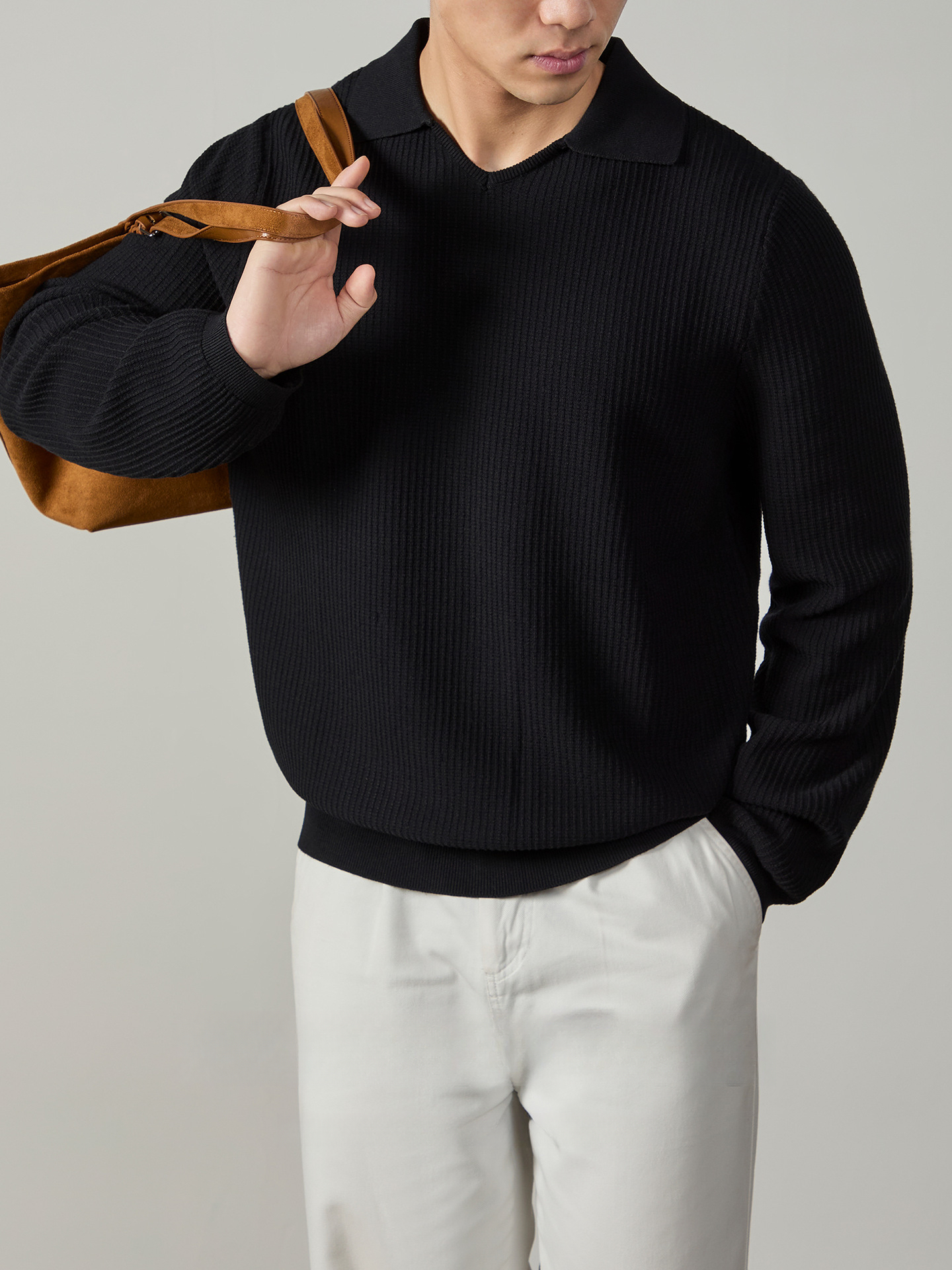 輕奢雙股針織衫V型翻領套頭毛衣男士秋冬保暖高級坑條肌理POLO衫