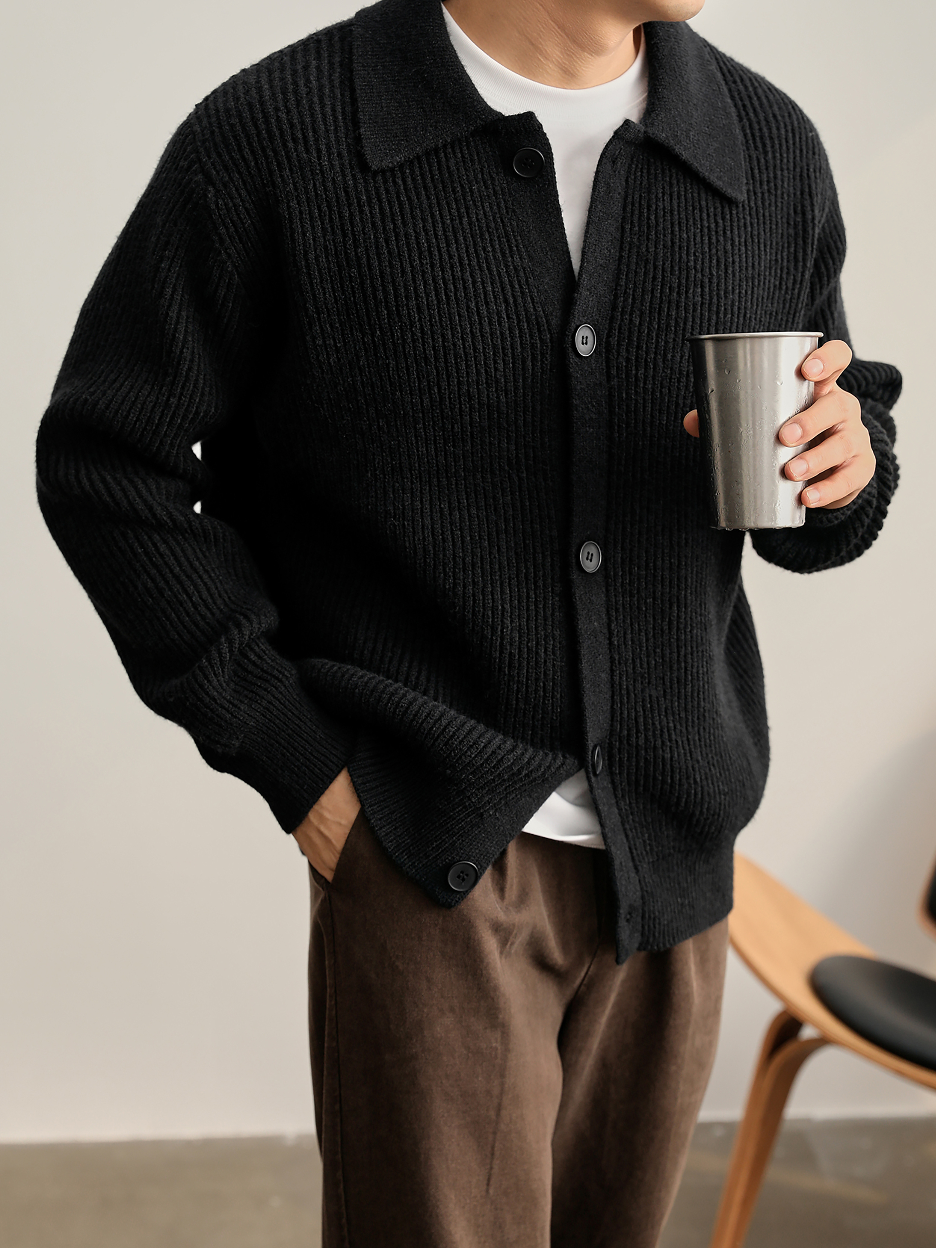 慵懒风坑条肌理感翻领针织开衫毛衣男秋冬简约cleanfit外套