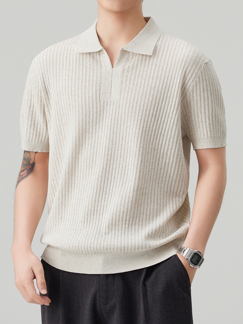 【可機洗亞麻】高端坑條紋理亞麻混紡老錢翻領POLO衫針織短袖T恤