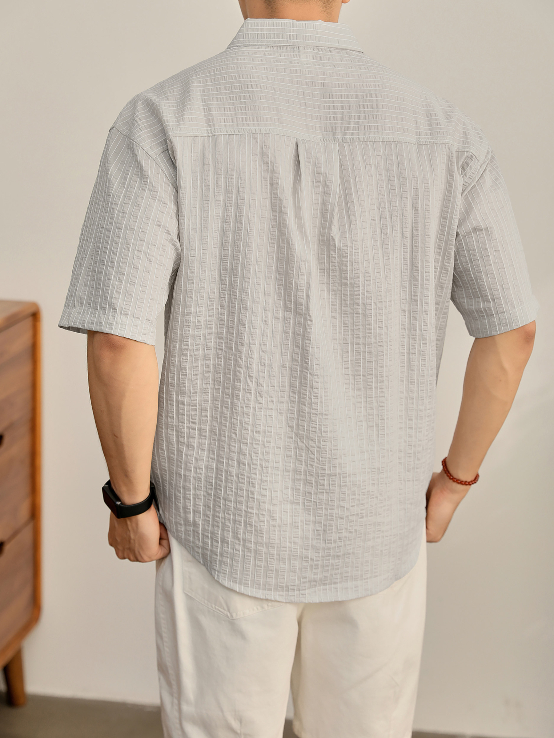 夏季男士宽松落肩条纹衬衫天丝莱赛尔微皱泡泡肌理薄款衬衣