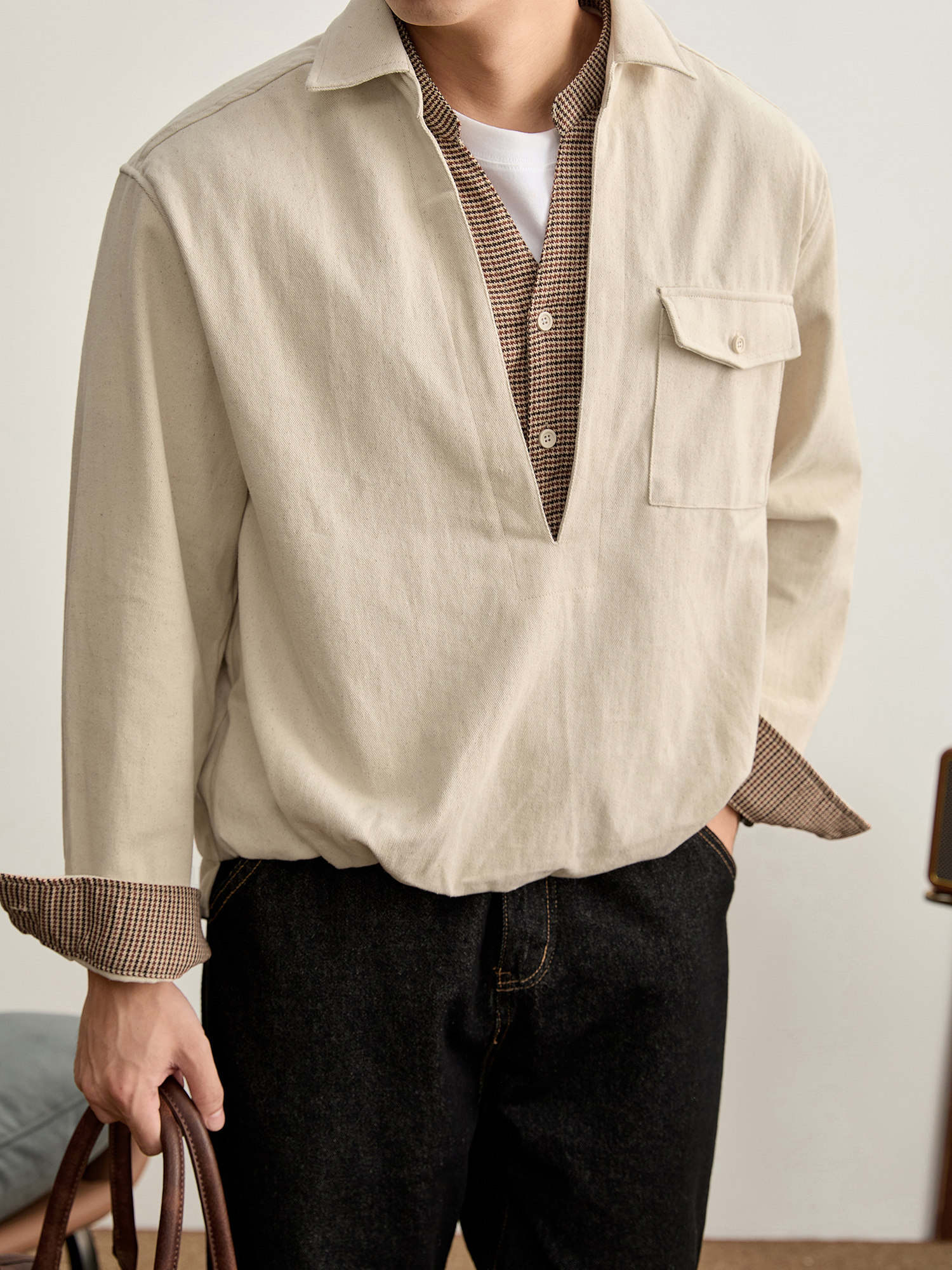 100%純棉假兩件磨毛襯衣復古潮牌千鳥格拼接半開襟襯衫男款