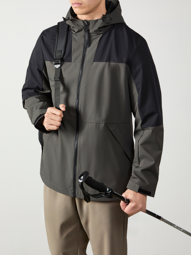 山系機能撞色拼接連帽衝鋒衣外套男秋冬戶外鎖溫防潑水登山服