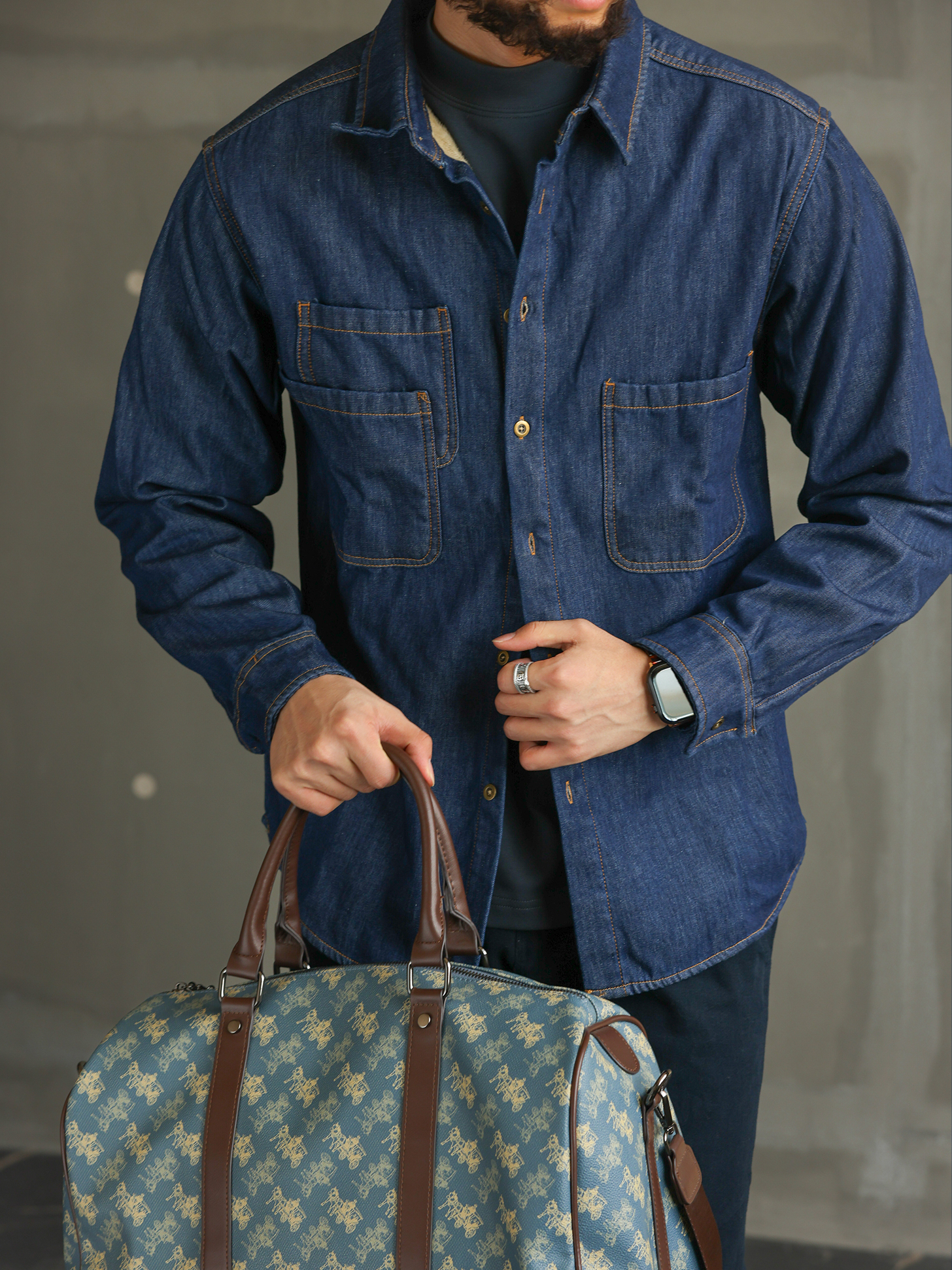 【紳士型格】美式休閒藍色加絨牛仔襯衫男士長袖襯衣外套