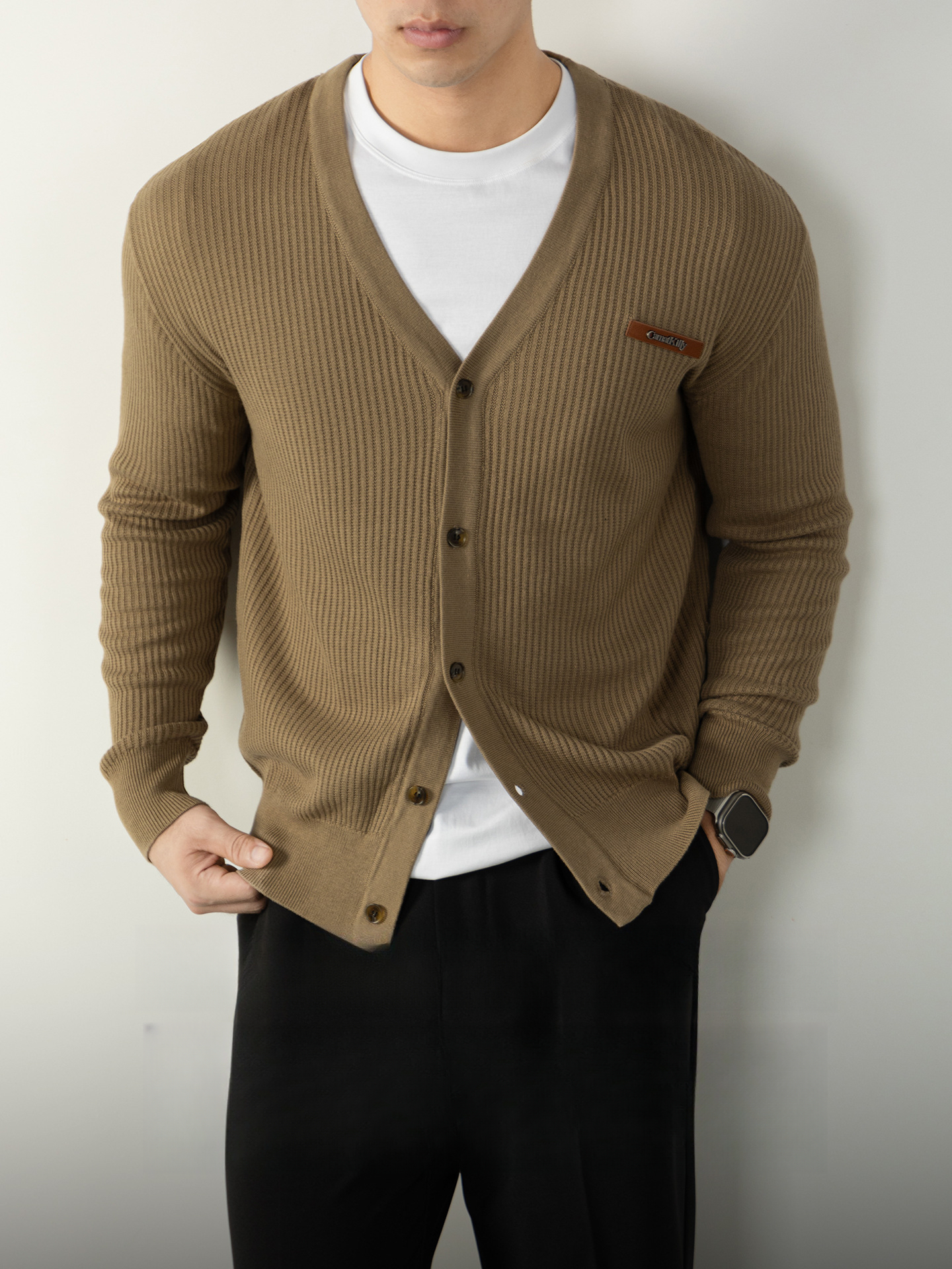 復古植鞣皮標針織衫12針精紡豎紋男士開衫毛衣秋冬通勤高級不撞款