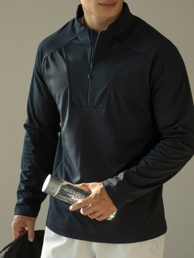 老錢風半開拉鍊小立領衛衣男士2025秋抗皺易打理高彈保暖長袖衛衣