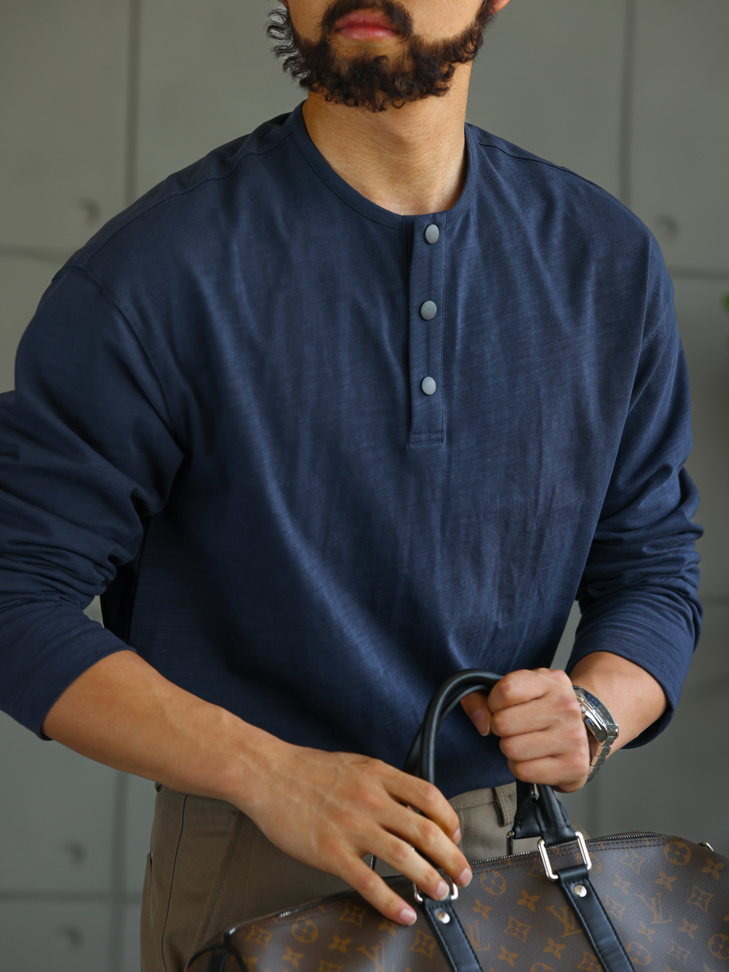 【绅士型格】舒适老钱亨利领长袖T恤男秋季竹节棉打底衫