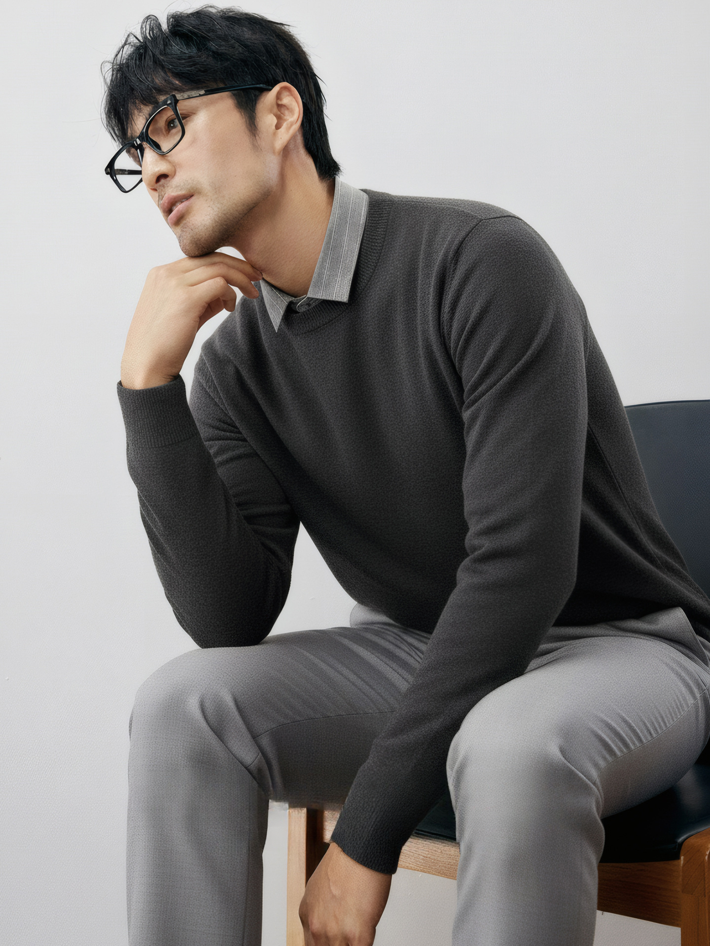 都市商務 襯衫領假兩件毛衣男士加厚保暖秋冬高端通勤舒適針織衫