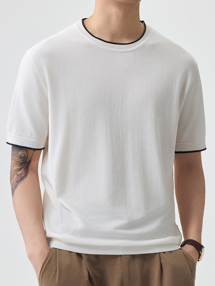 男士夏季薄款新款老錢風短袖T恤男針織衫圓領日系復古纯色短袖T恤