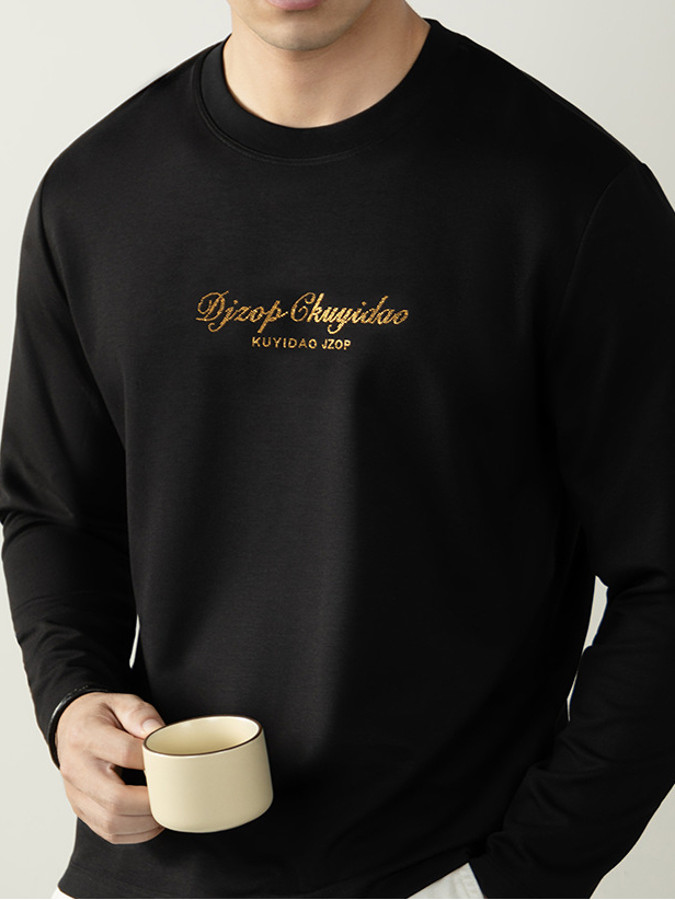 【都市輕奢風】60S雲感莫代爾棉長袖T恤男士高端鎏金燙鑽打底體恤