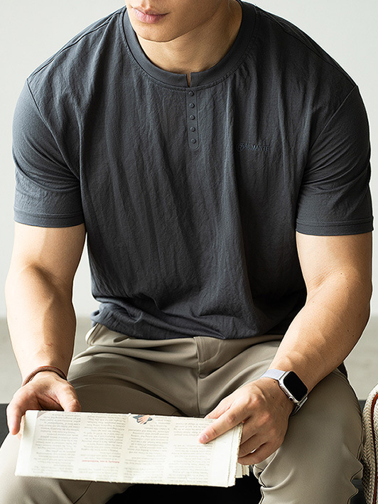 仿亞麻冰絲涼感薄款亨利領短袖T恤男2025夏透氣垂感休閒新款上衣